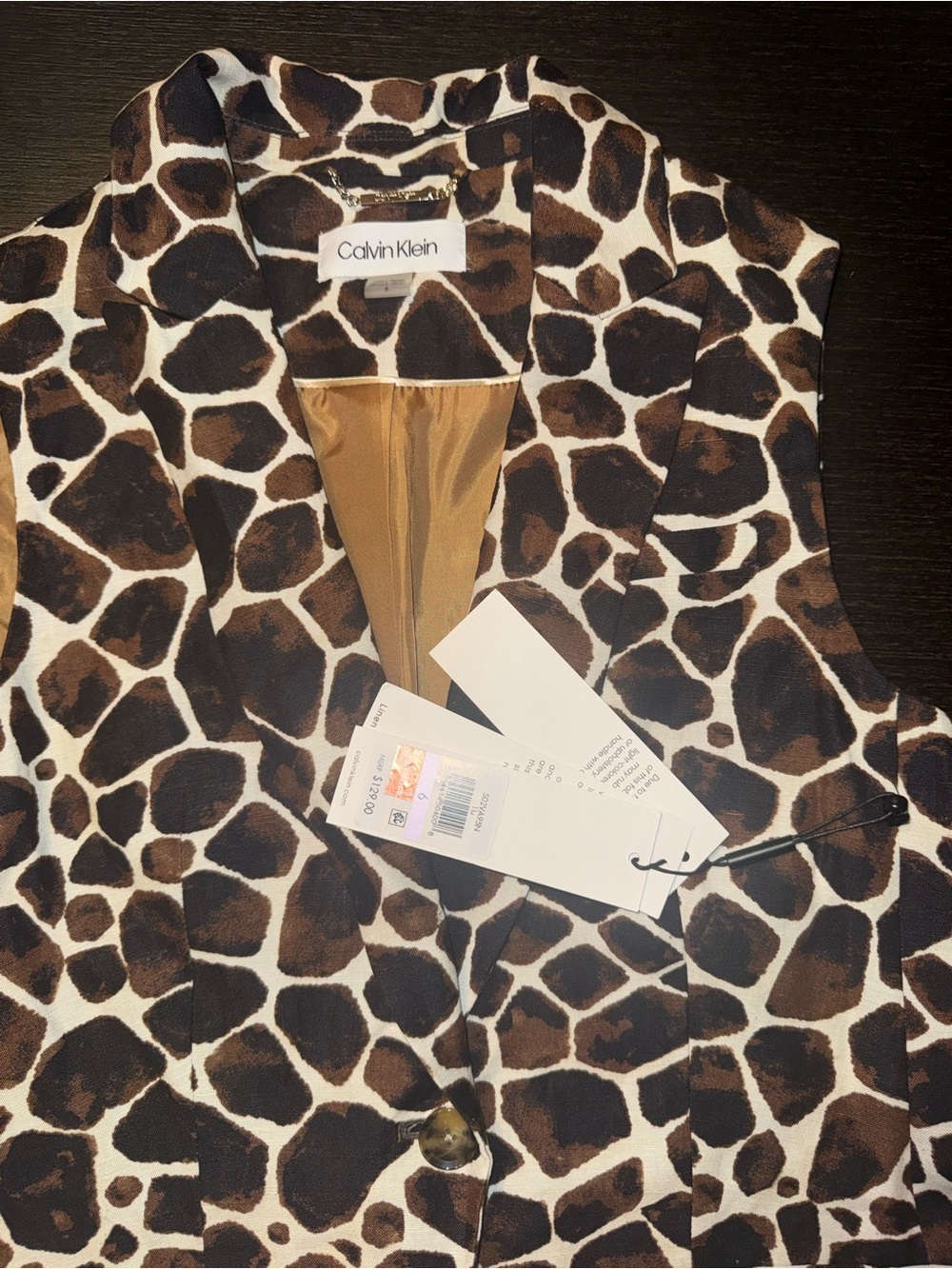 NWT Calvin Klein Brown Black Cream Giraffe-Print Sleeveless Blazer Linen Blend - Picture 5 of 6